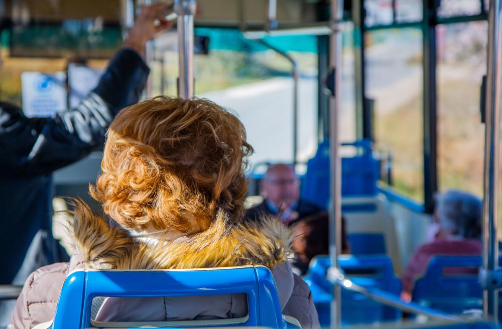 Señora sentada en el autobús, vista de espaldas